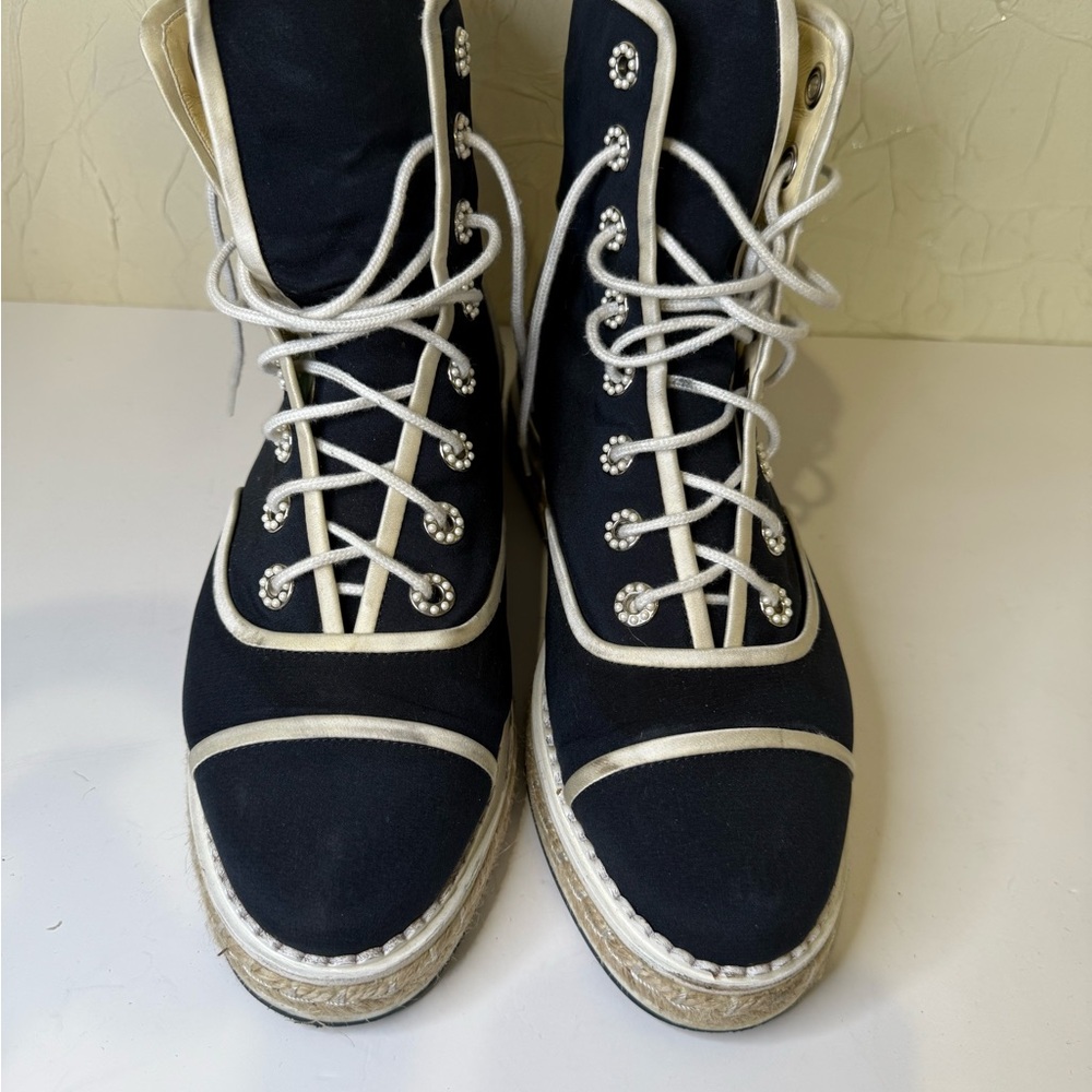 CHANEL Black and Cream Lace Up Boots with High-Top Design
